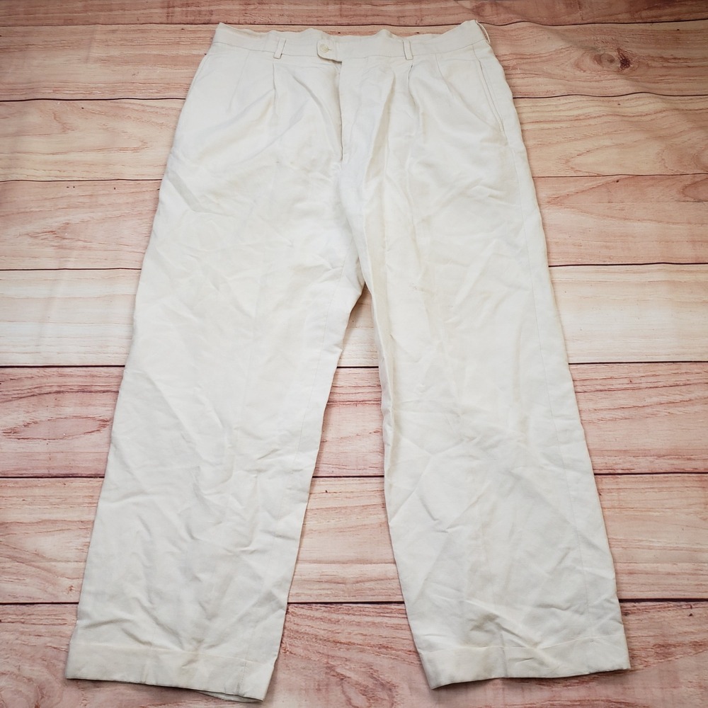 Bernard Zins Paris Pants Men 38 Cream Linen Silk Pleated Trousers Curacao France